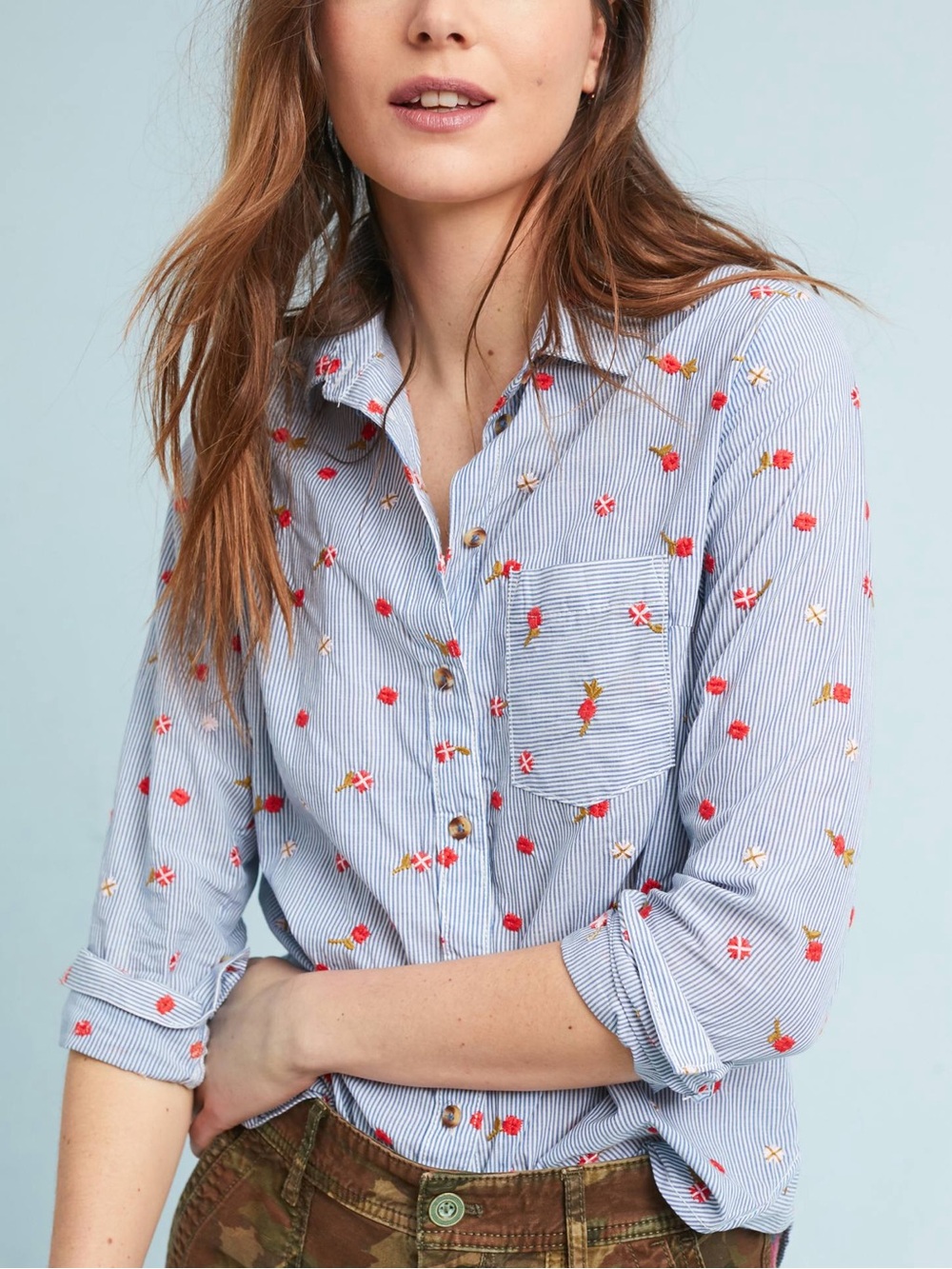 Maeve by Anthropologie Agra Embroidered Floral Blue Striped Button-Down Size 2